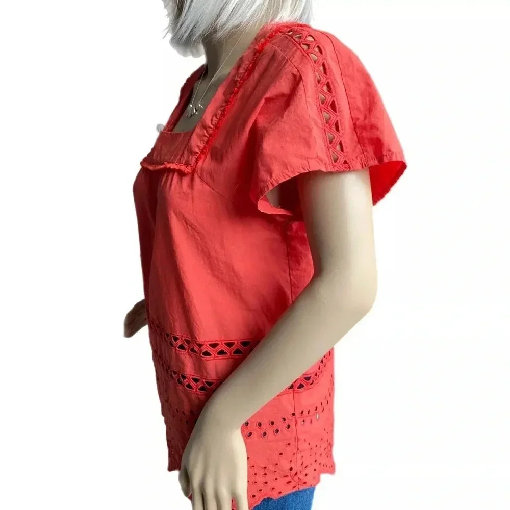 Madewell Top Angelica Rusty Orange Eyelet Short Sleeve Blouse Women’s Size XS - Picture 7 of 12